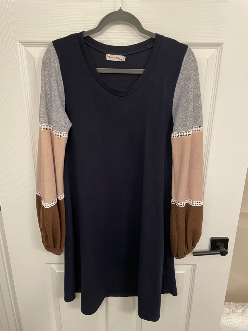 Southern Stitch Long Sleeve Swing Dress - Navy, Gray, Beige & Brown Sleeves